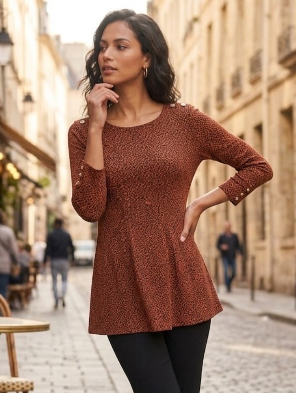 Women's Rust And Blak Long-Sleeve Peplum Top Tops Gold Buttons Small
